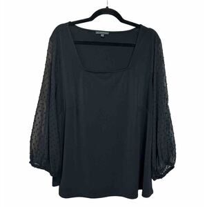 ADRIANNA PAPELL Womens Square Neck Blouse Plus Sz. 2X Black Long Puff Sleeve Top